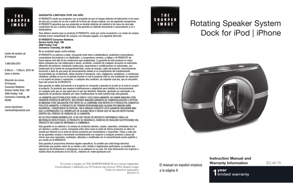 SHARPER IMAGE ECA115 INSTRUCTION MANUAL AND WARRANTY INFORMATION Pdf