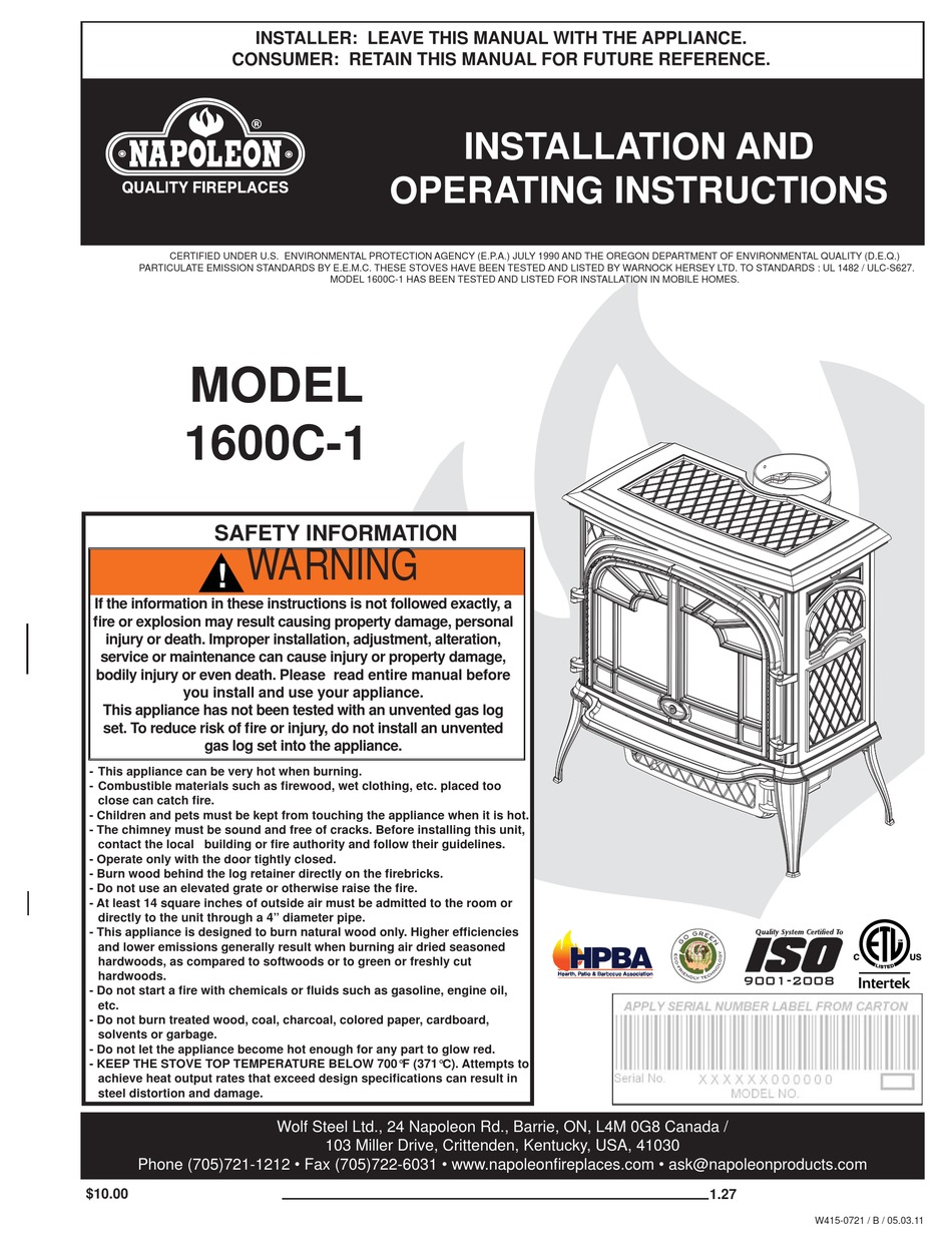 NAPOLEON 1600C-1 INSTALLATION AND OPERATING INSTRUCTIONS MANUAL Pdf  Download | ManualsLib