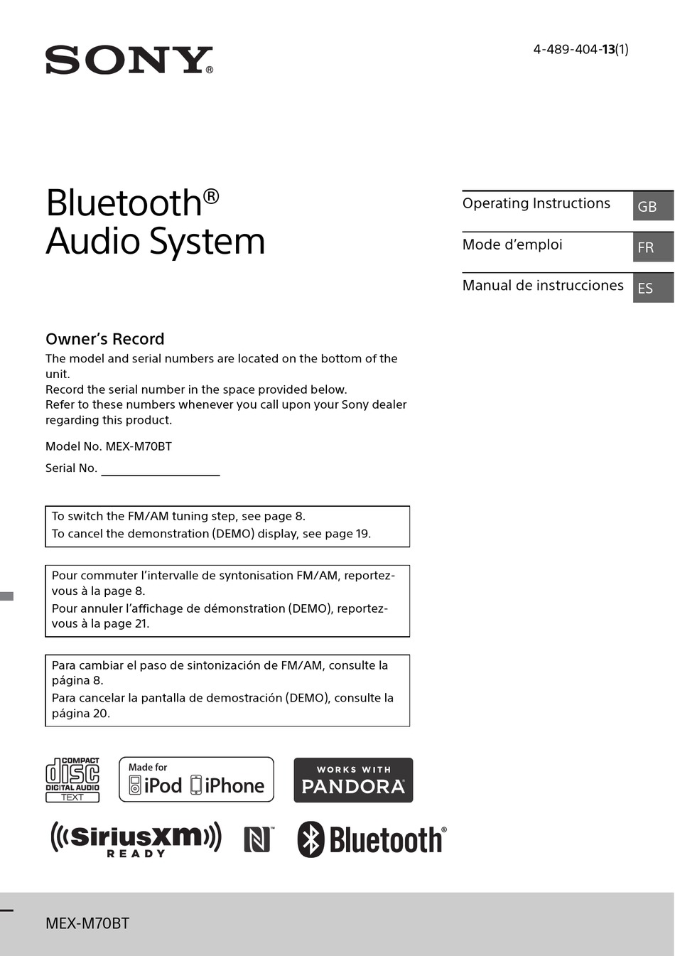 SONY MEX-M70BT OPERATING INSTRUCTIONS MANUAL Pdf Download | ManualsLib