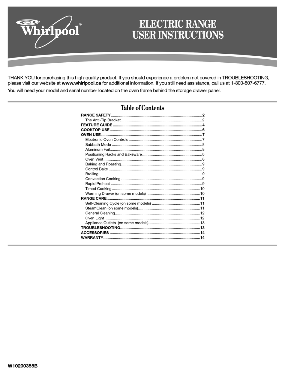 WHIRLPOOL ELECTRIC RANGE USER INSTRUCTIONS Pdf Download | ManualsLib