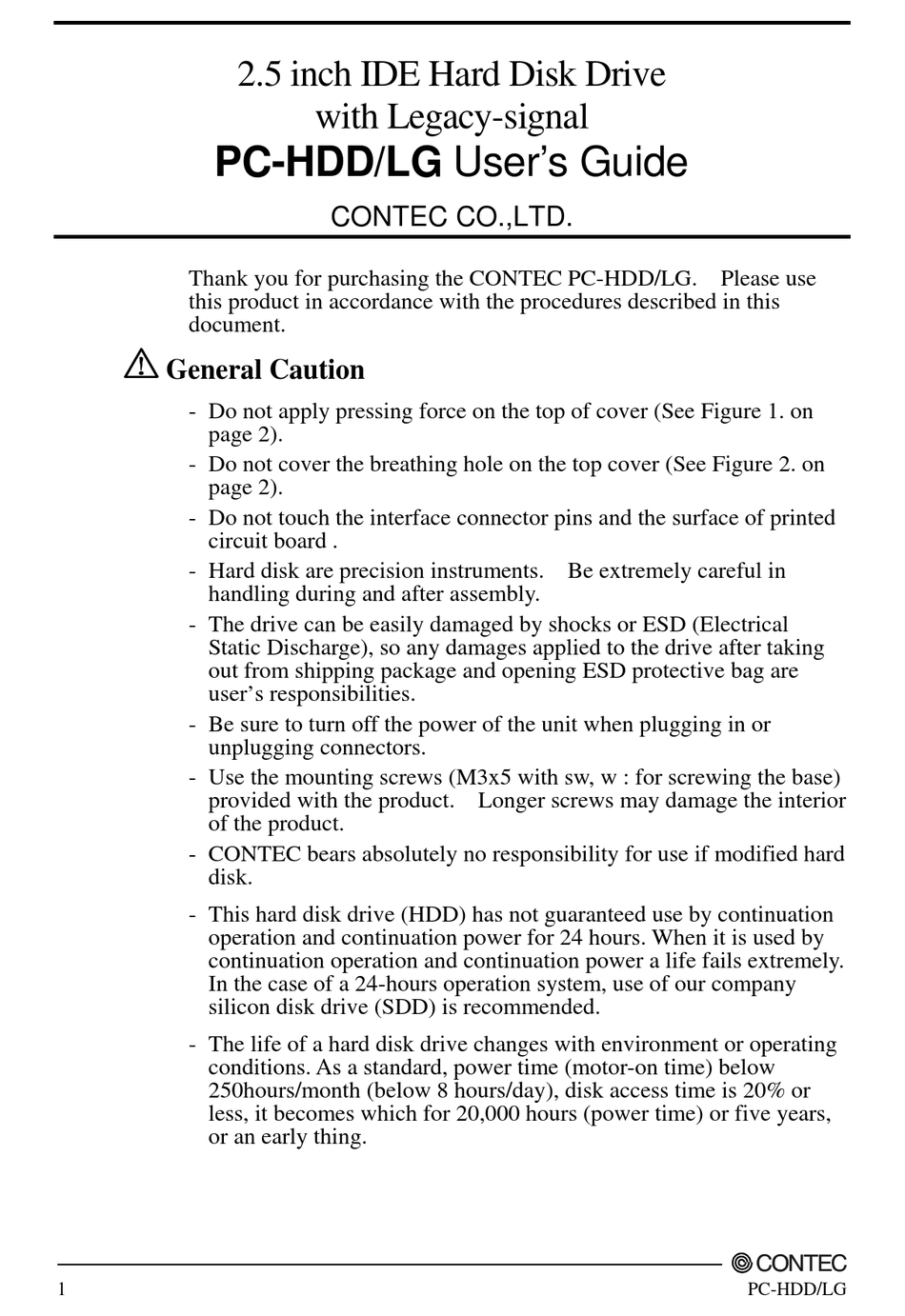 Caution Of Usage - Contec PC-HDD/LG User Manual [Page 2] | ManualsLib