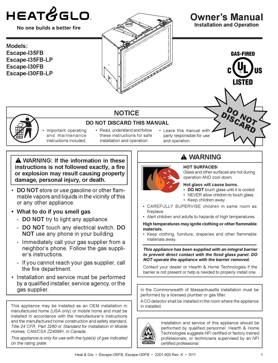 HEAT & GLO ESCAPE-I35FB OWNERS MANUAL Pdf Download | ManualsLib