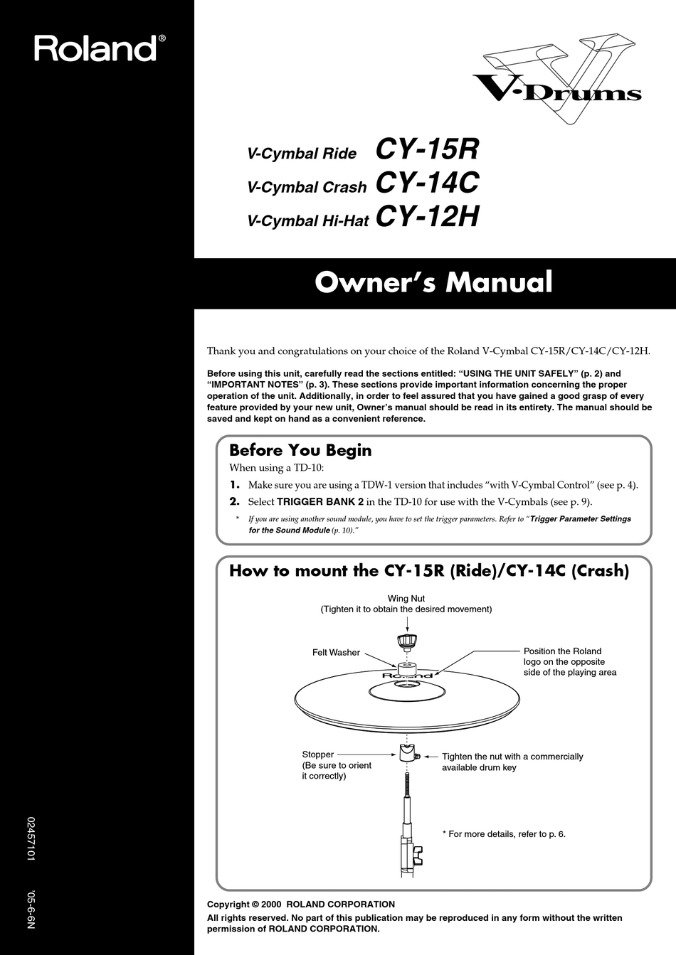 ROLAND V-CYMBAL RIDE CY-15R OWNER'S MANUAL Pdf Download | ManualsLib