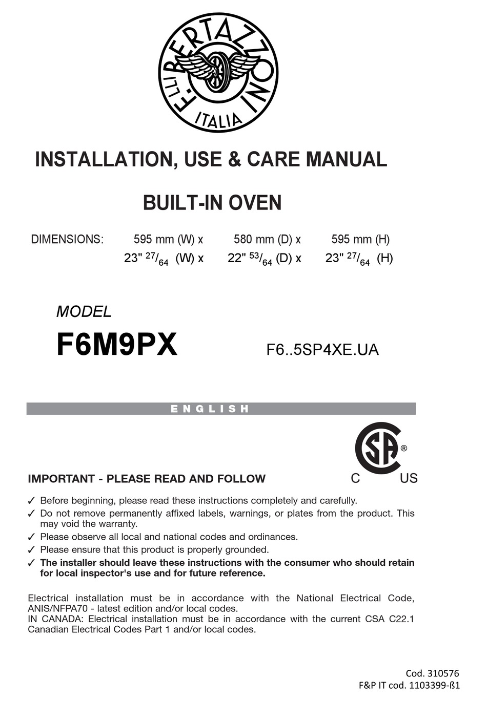 BERTAZZONI F6M9PX INSTALLATION, USE & CARE MANUAL Pdf Download | ManualsLib