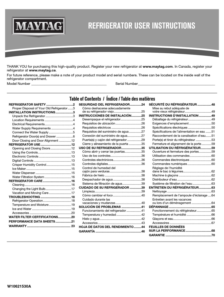 MAYTAG REFRIGERATOR USER INSTRUCTIONS Pdf Download ManualsLib