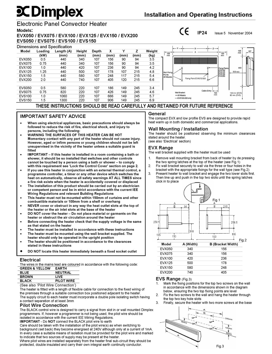 DIMPLEX EVX050 INSTALLATION AND OPERATING INSTRUCTIONS Pdf Download |  ManualsLib