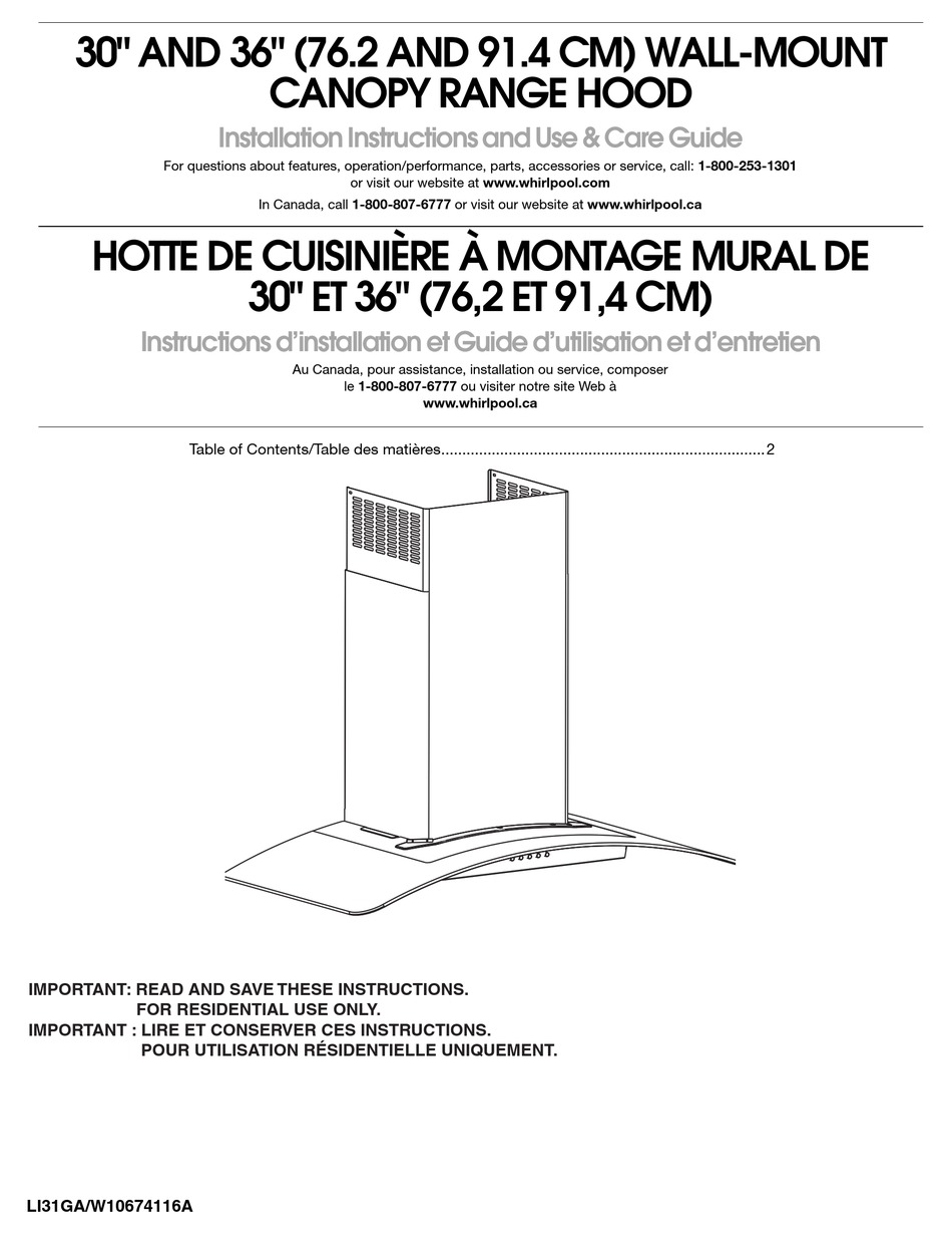 WHIRLPOOL 30" AND 36" (76.2 AND 91.4 CM) WALLMOUNTCANOPY RANGE HOOD
