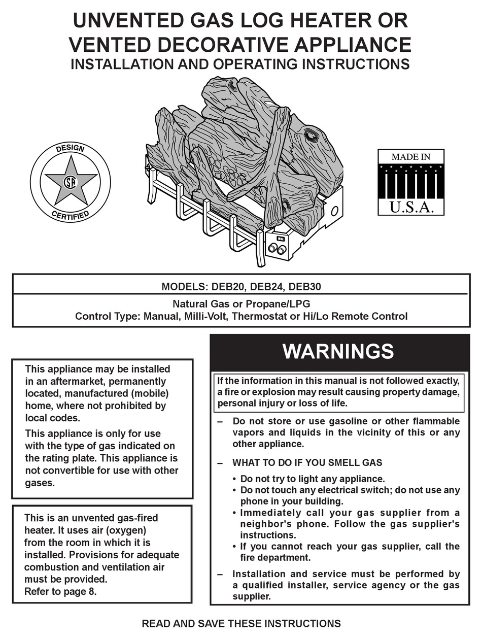 MONESSEN HEARTH DEB20 INSTALLATION AND OPERATING INSTRUCTIONS MANUAL