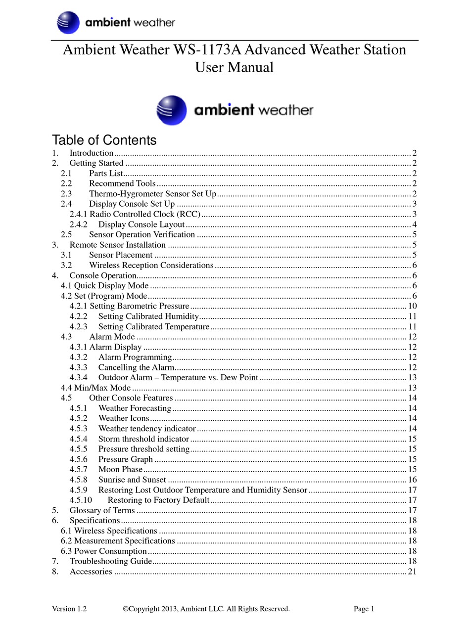 AMBIENT WEATHER WS 1173A USER MANUAL Pdf Download ManualsLib