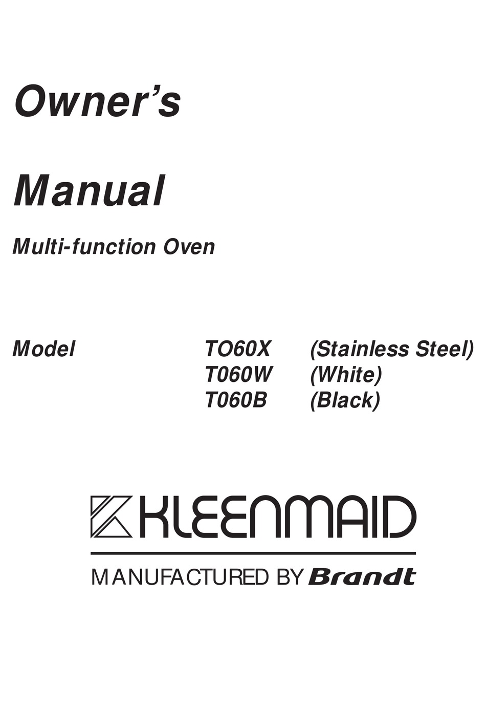KLEENMAID TO60X OWNER'S MANUAL Pdf Download ManualsLib