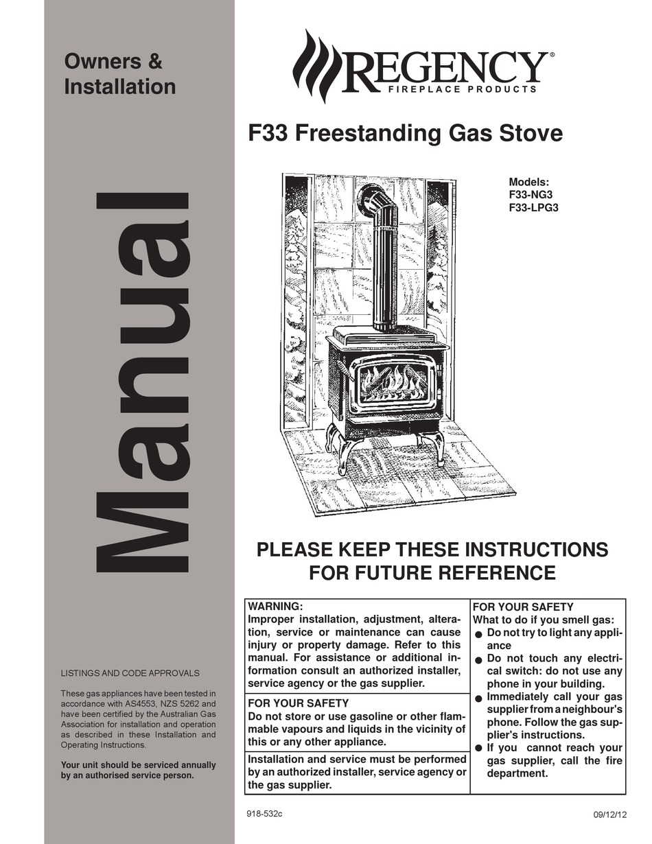 REGENCY FIREPLACE PRODUCTS F33 OWNERS & INSTALLATION MANUAL Pdf