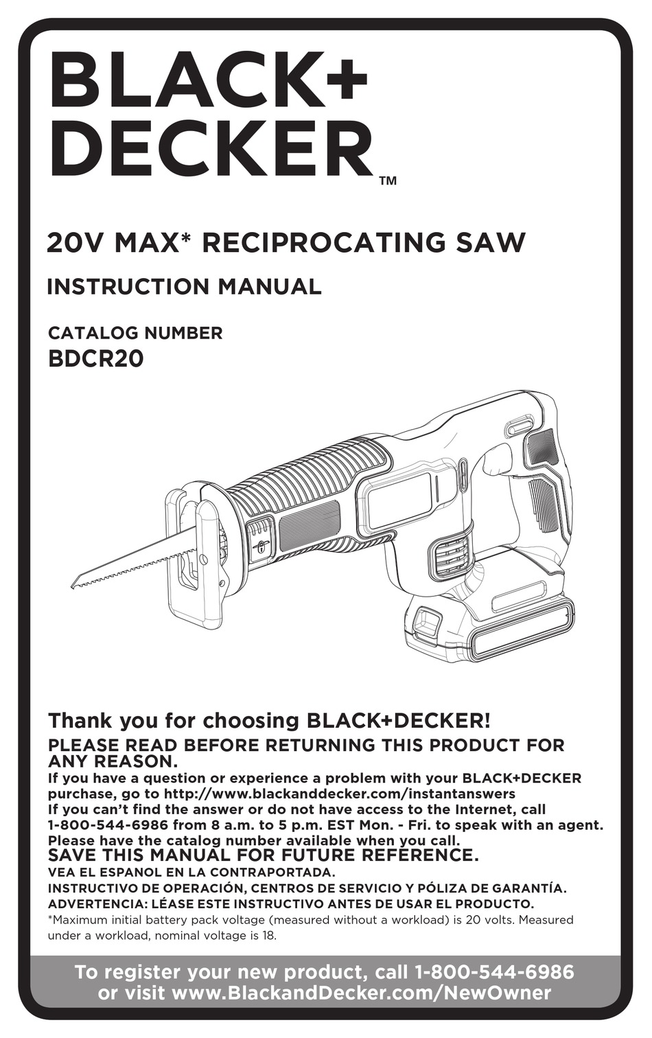 BLACK & DECKER 20V MAX RECIPROCATING SAW INSTRUCTION MANUAL Pdf