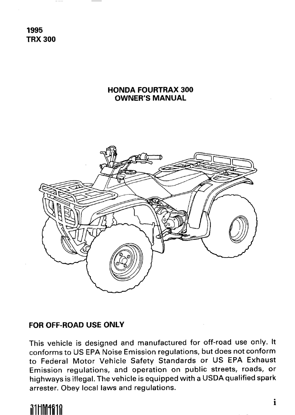 Owner Manual 98 Honda 1998 TRX300 Ace 