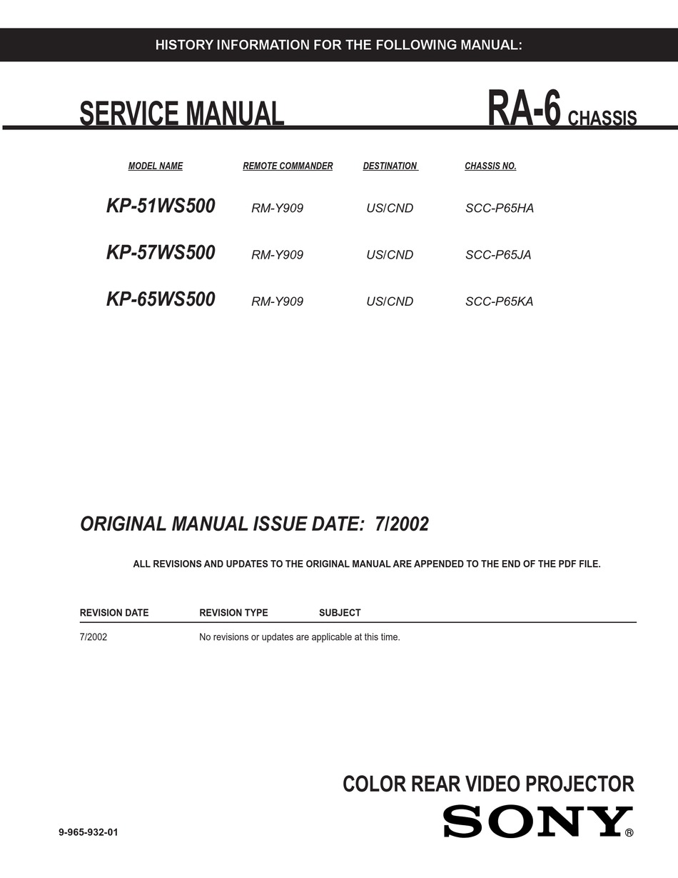 Sony Kp 51ws500 Service Manual Pdf Download Manualslib