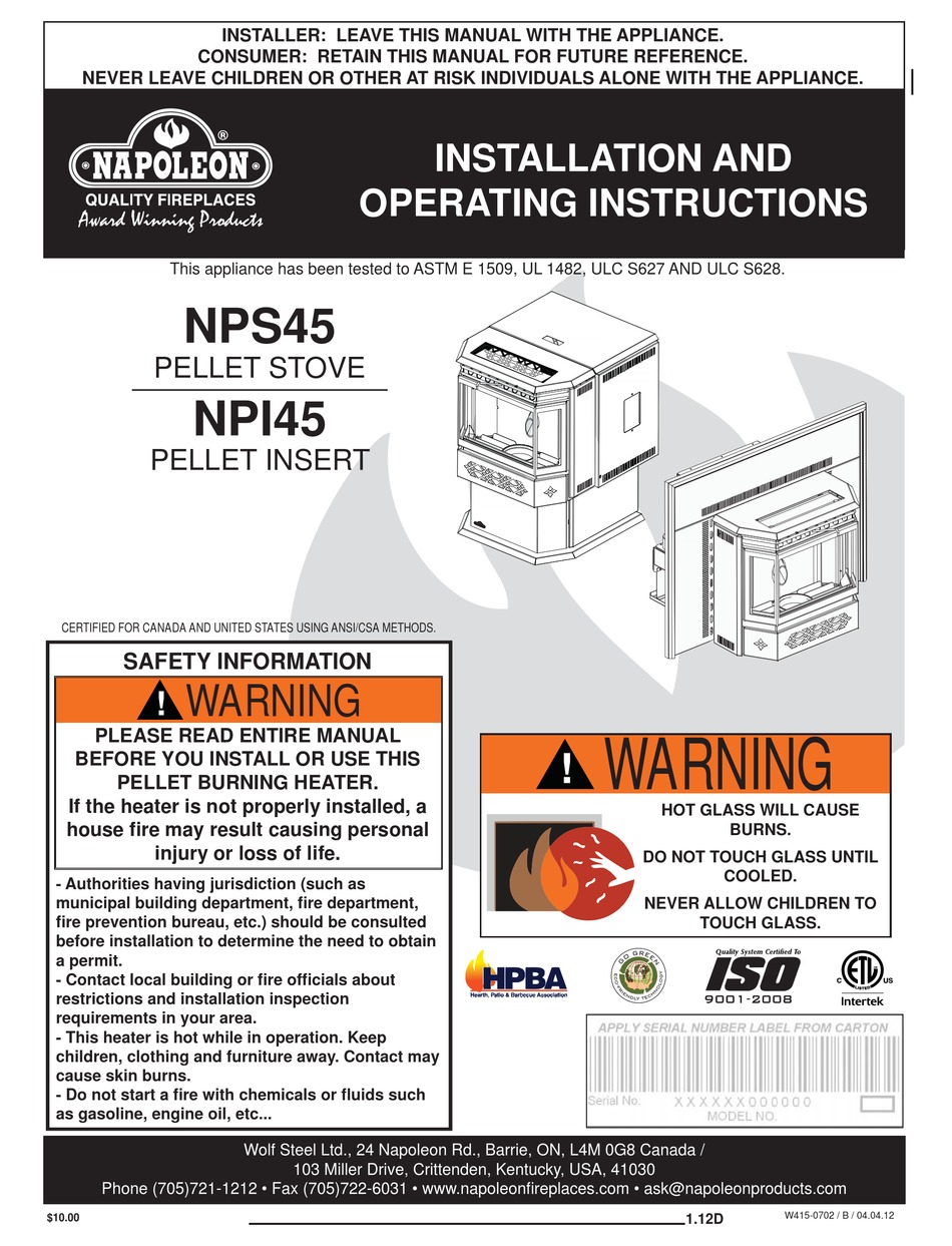 NAPOLEON NPS45 INSTALLATION AND OPERATING INSTRUCTIONS MANUAL Pdf Download  | ManualsLib