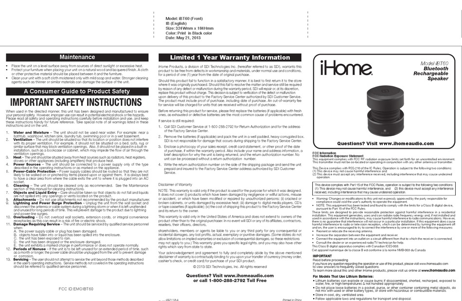 IHOME IBT60 USER MANUAL Pdf Download | ManualsLib