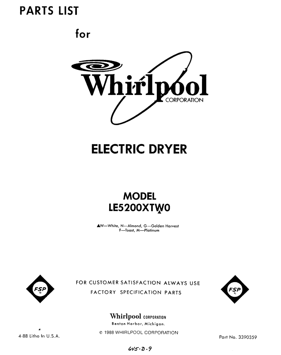 WHIRLPOOL LE5200XTW0 PARTS LIST Pdf Download ManualsLib