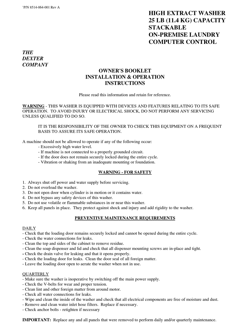 DEXTER LAUNDRY HIGH SPEED 25LB WASHER INSTALLATION & OPERATION