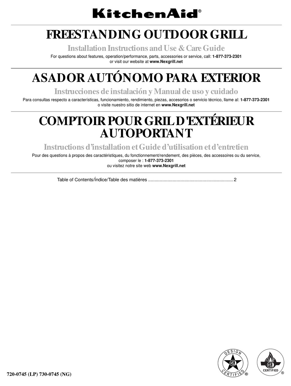 KITCHENAID FREESTANDING OUTDOOR GRILL INSTALLATION INSTRUCTIONS AND USE