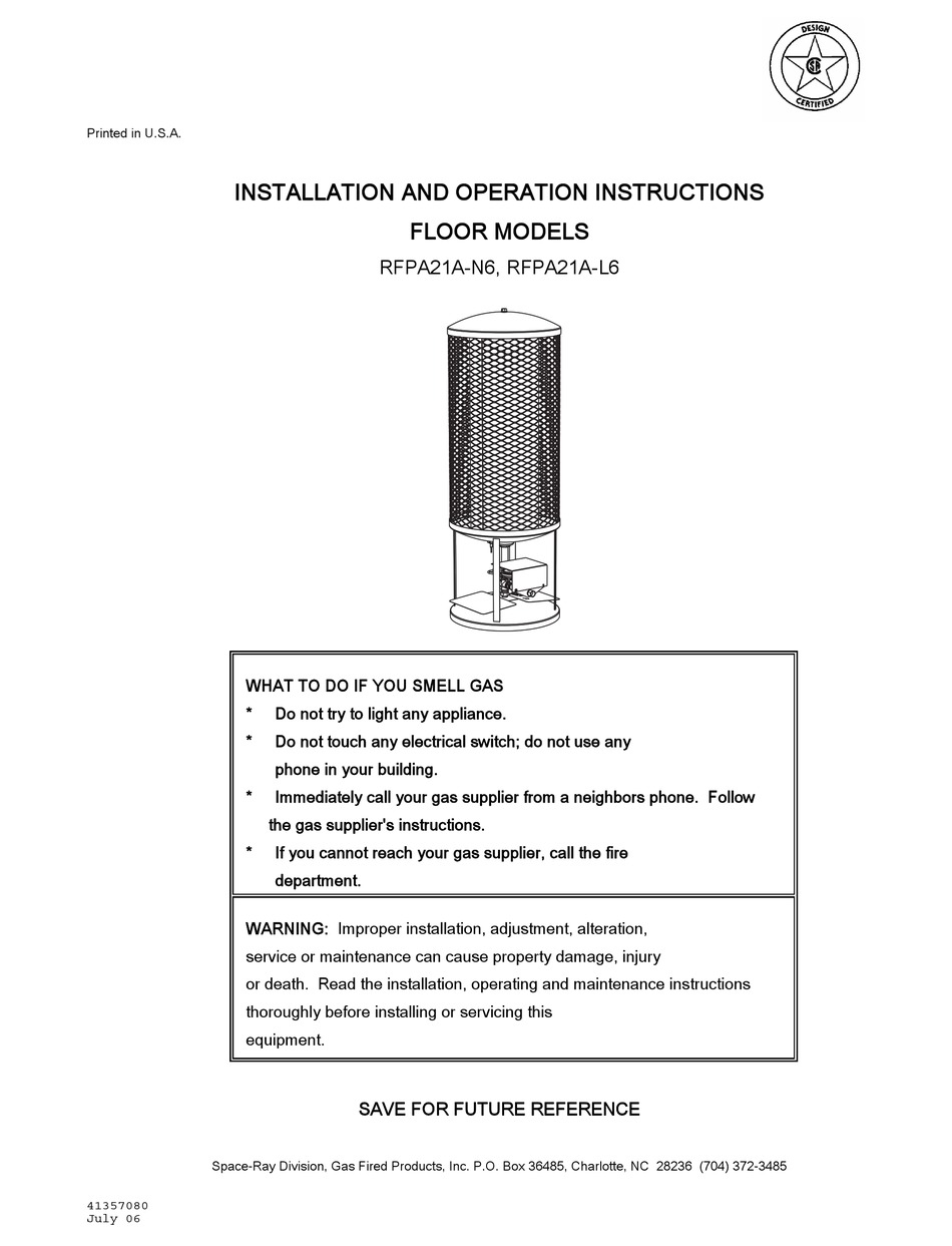 SPACERAY RFPA21AN6 INSTALLATION AND OPERATION INSTRUCTIONS MANUAL Pdf