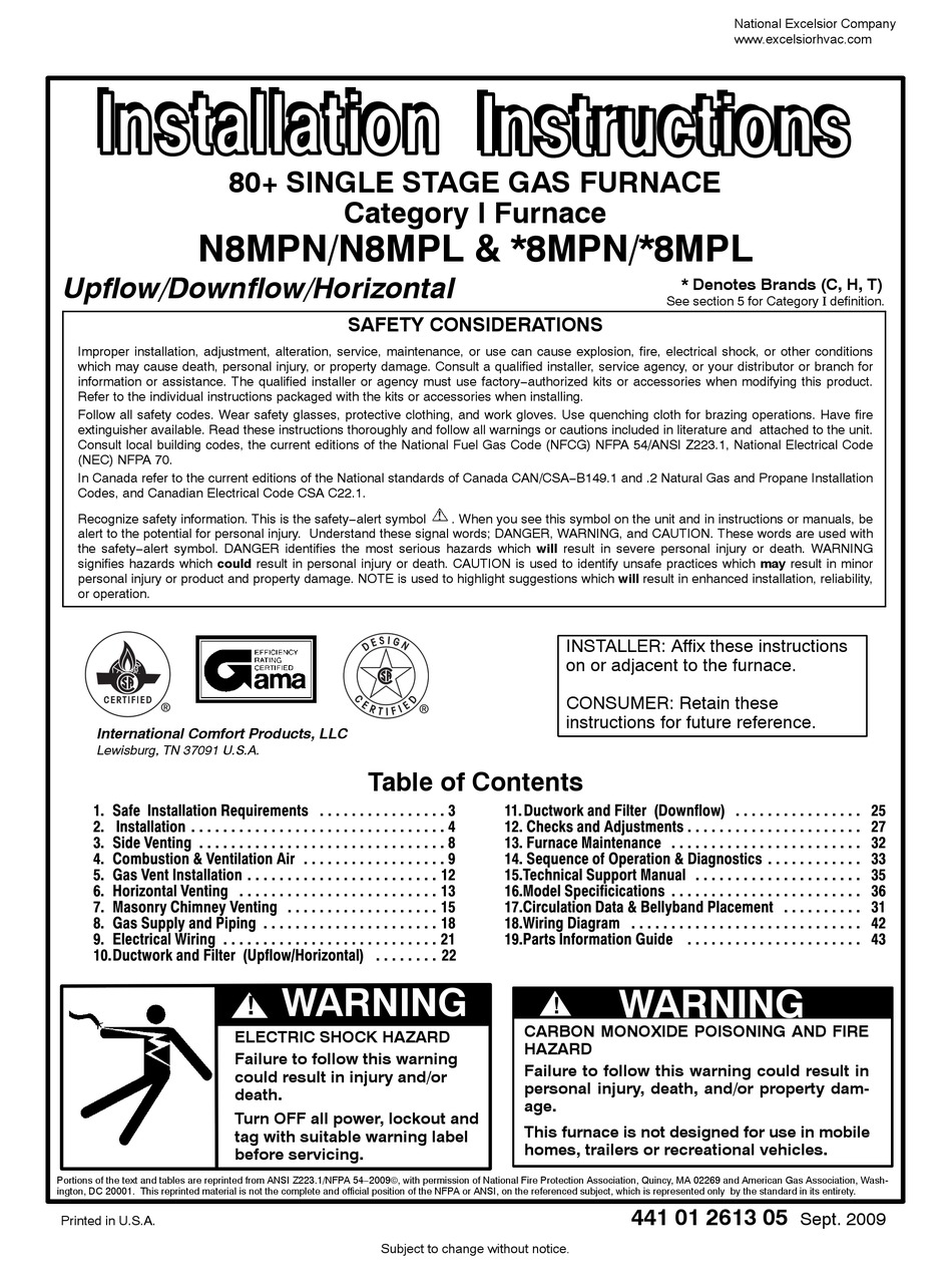 INTERNATIONAL COMFORT PRODUCTS N8MPN INSTALLATION INSTRUCTIONS MANUAL