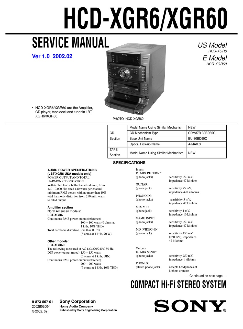 SONY HCD-XGR6 SERVICE MANUAL Pdf 