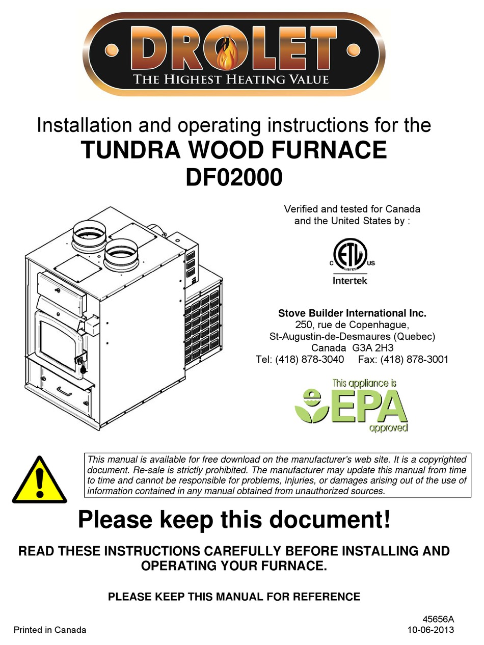 Drolet Tundra High Efficiency EPA Wood Furnace with Hot Air Plenum