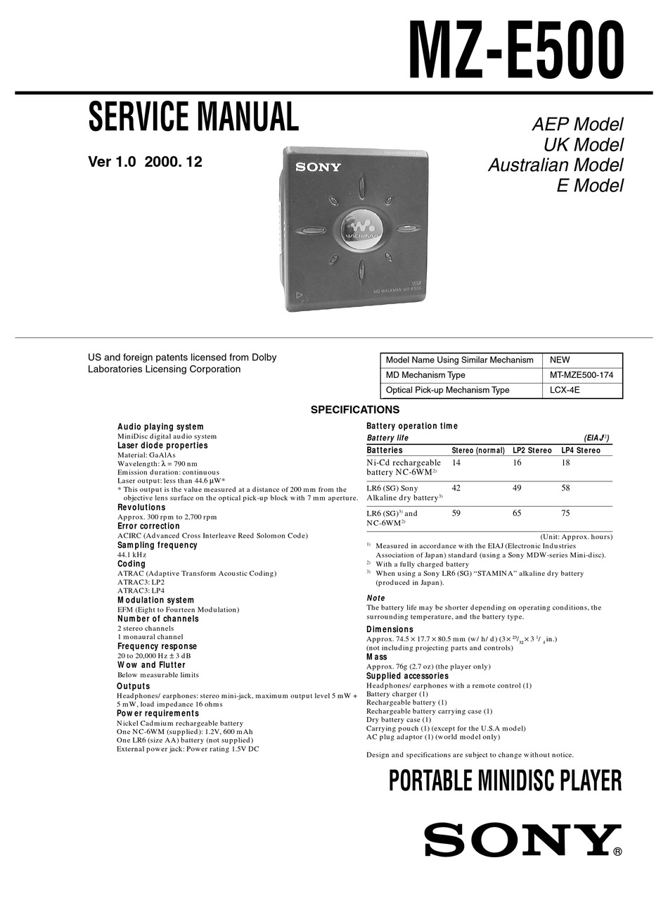 SONY MZ-E500 SERVICE MANUAL Pdf Download | ManualsLib