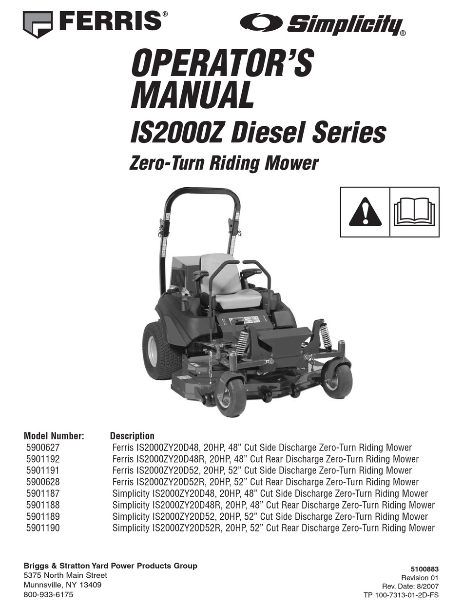 Ferris Is2000z Diesel Operator S Manual Pdf Download Manualslib