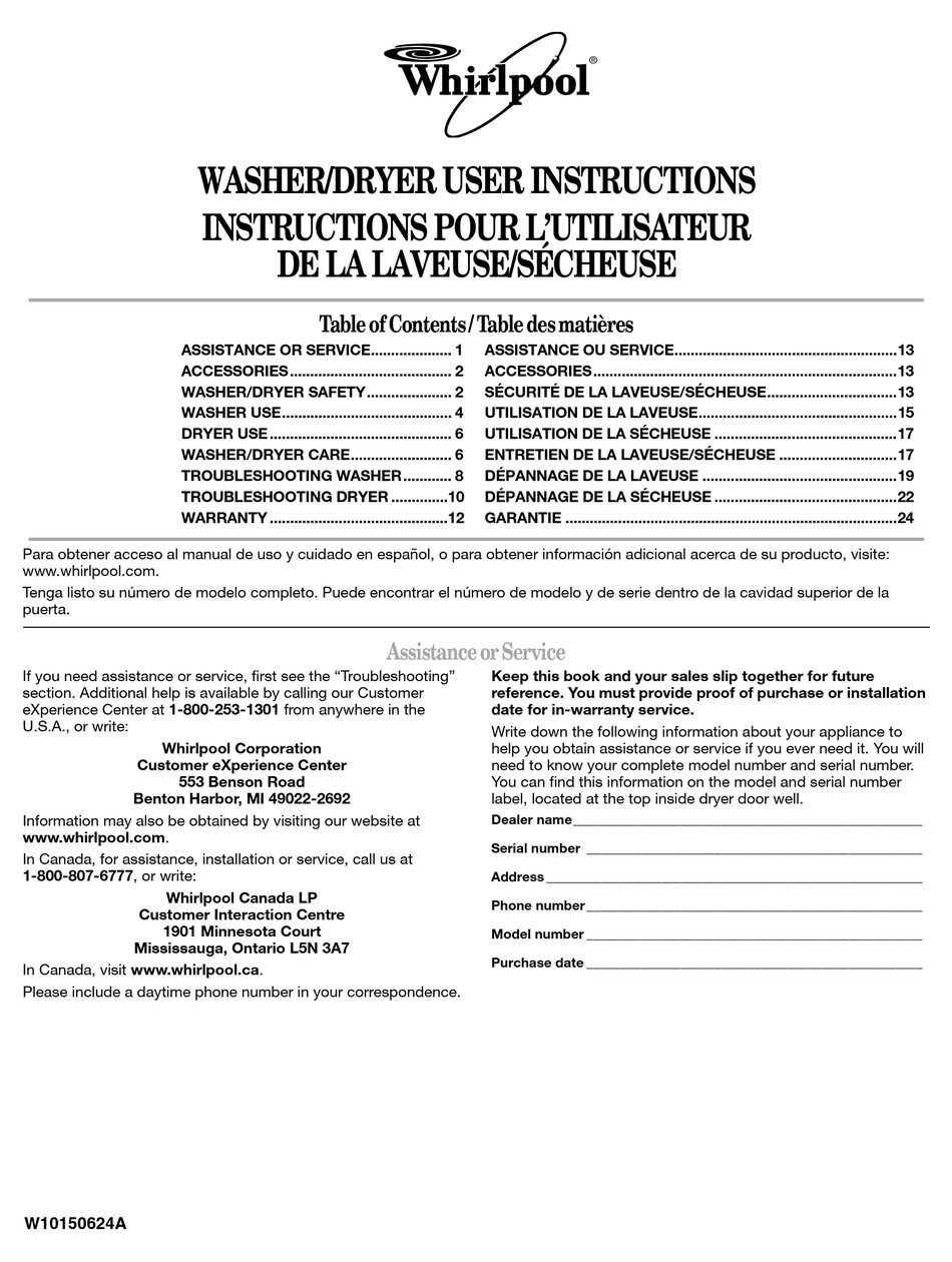 WHIRLPOOL W10150624A USER INSTRUCTIONS Pdf Download | ManualsLib