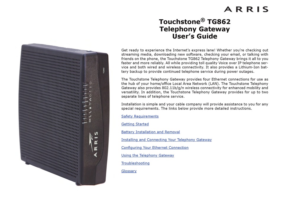 ARRIS TOUCHSTONE TG862 USER MANUAL Pdf Download | ManualsLib