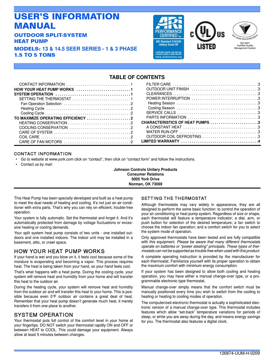 JOHNSON CONTROLS UNITARY PRODUCTS 14.5 SEER SERIES USER'S INFORMATION MANUAL Pdf Download