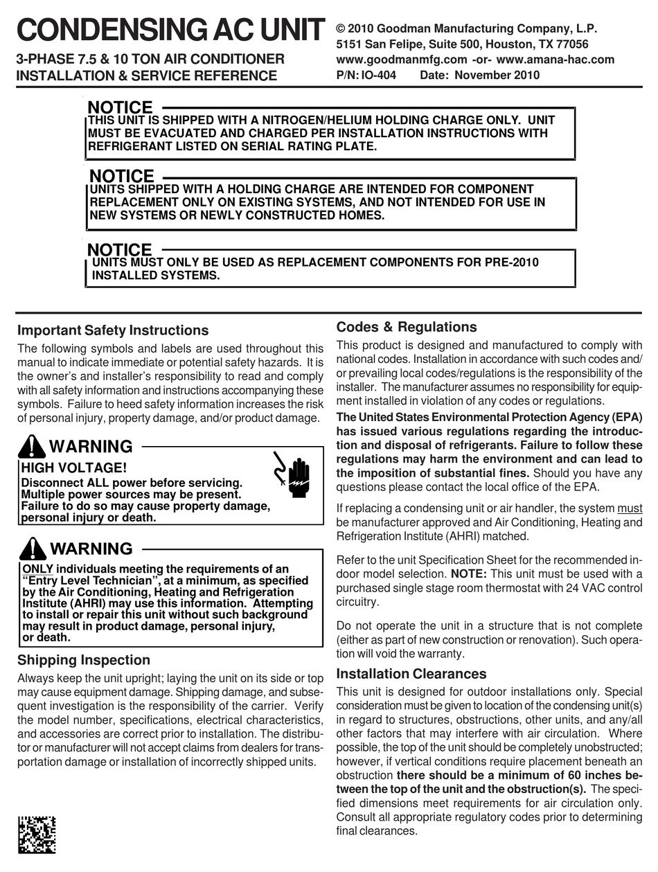 GOODMAN CONDENSING AC UNIT INSTALLATION & SERVICE REFERENCE Pdf