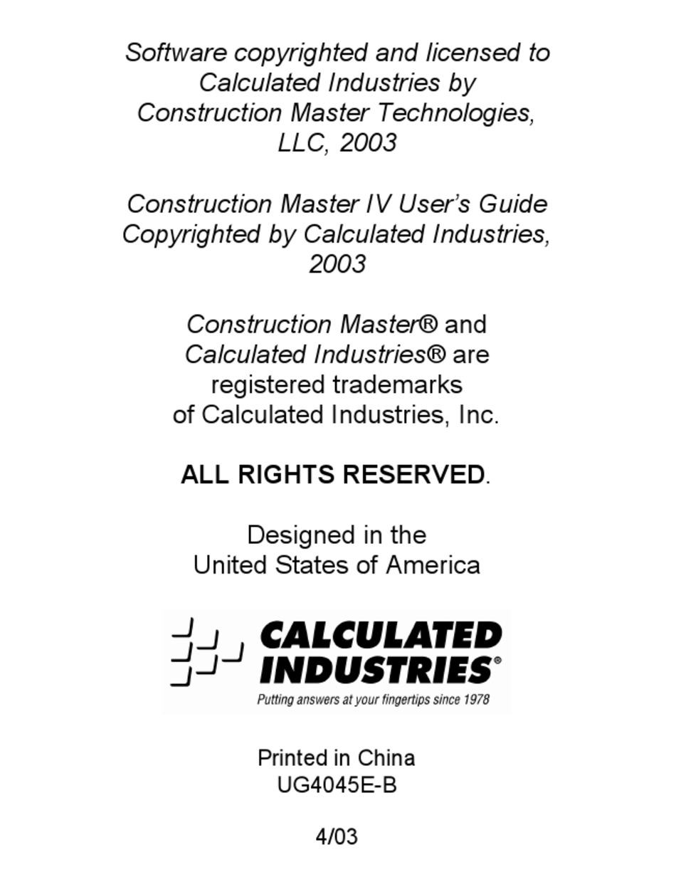 CALCULATED INDUSTRIES CONSTRUCTION MASTER IV USER MANUAL Pdf Download ManualsLib