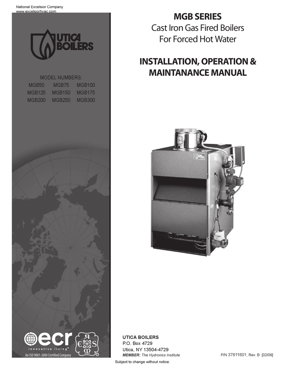 UTICA BOILERS MGB50 INSTALLATION, OPERATION & MAINTANANCE MANUAL Pdf
