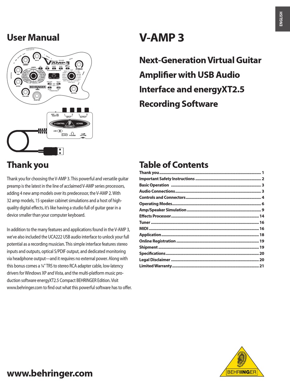 Behringer V Amp 3 User Manual Pdf Download Manualslib