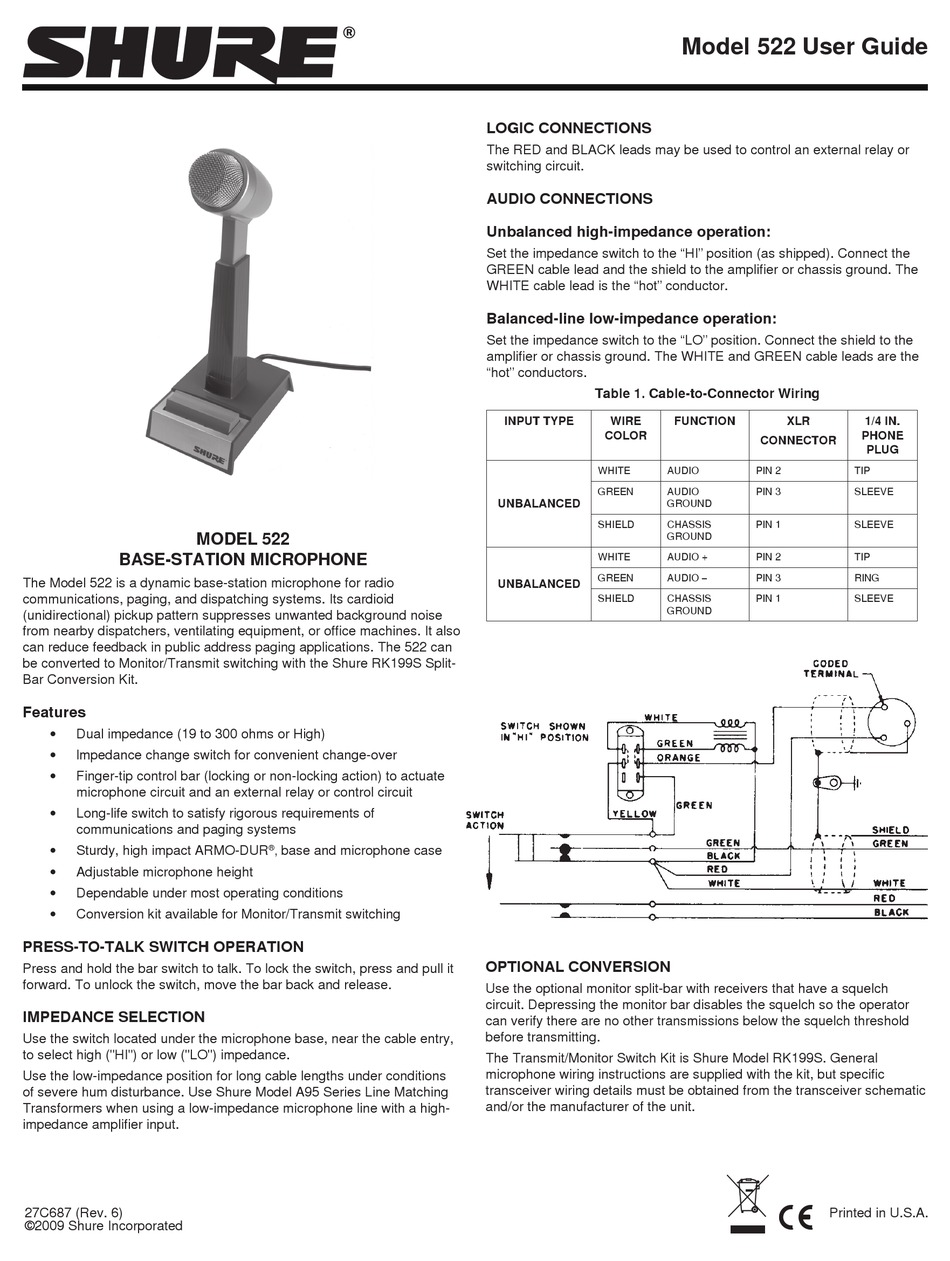 SHURE 522 USER MANUAL Pdf Download | ManualsLib