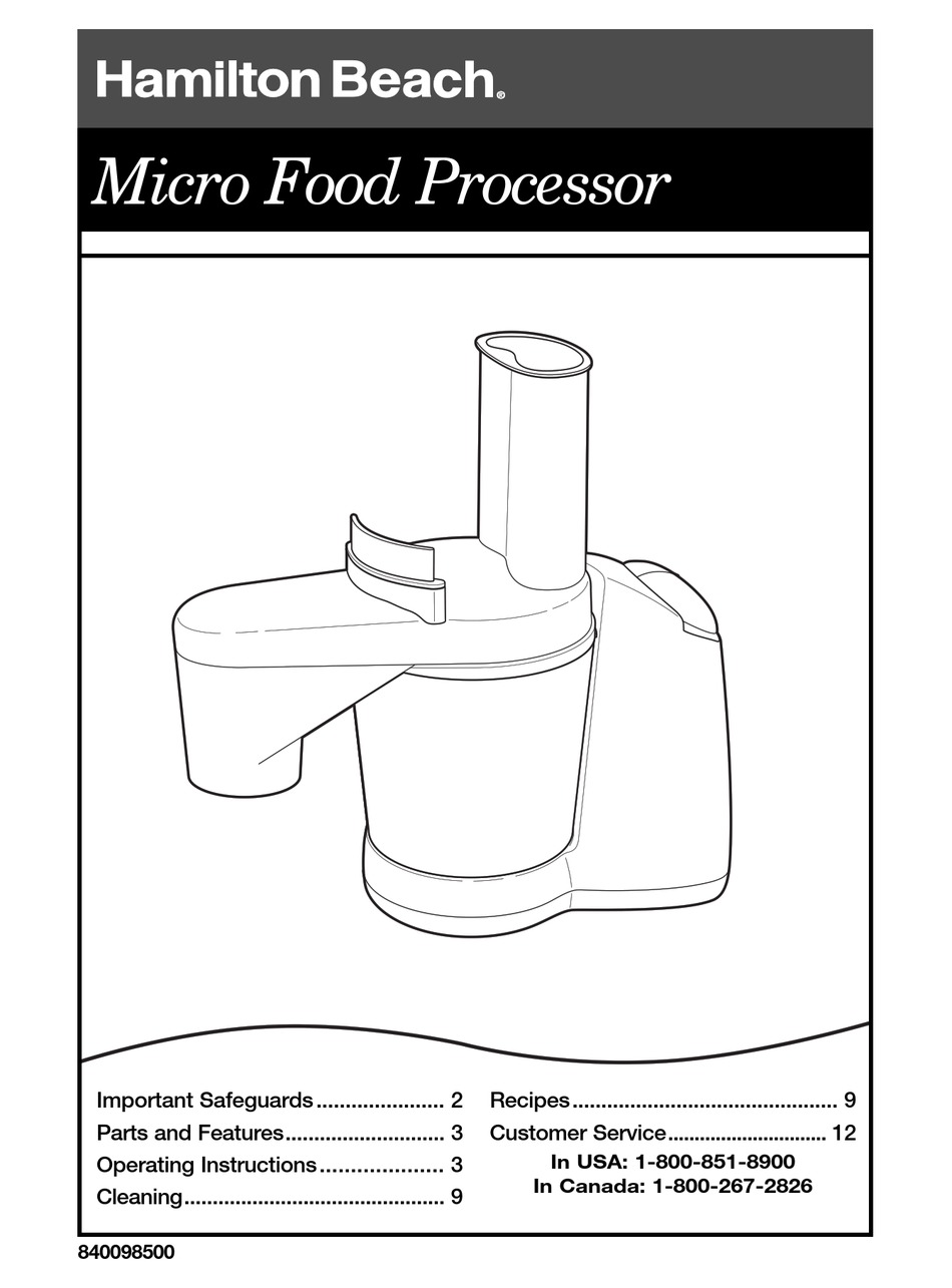 HAMILTON BEACH MICRO FOOD PROCESSOR OPERATING INSTRUCTIONS MANUAL Pdf