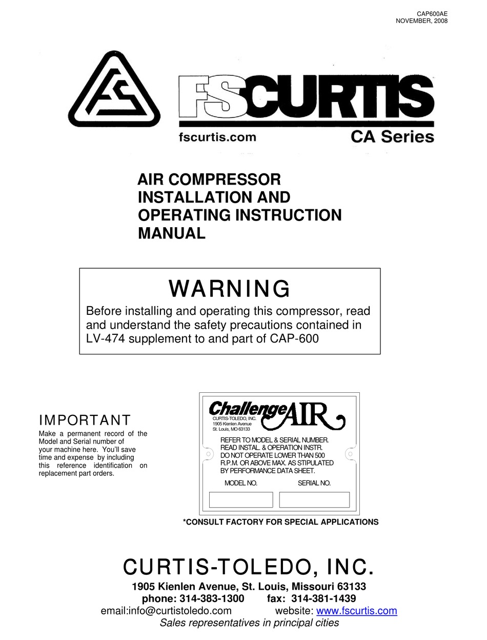 FSCURTIS CA SERIES INSTALLATION AND OPERATING INSTRUCTION MANUAL Pdf ...