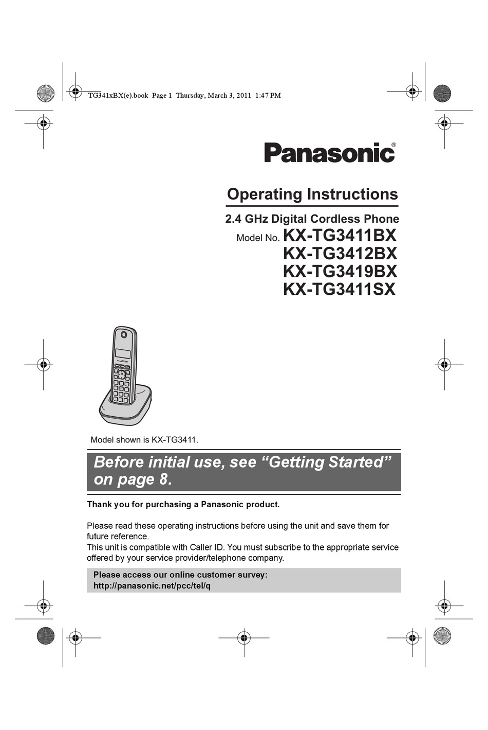 PANASONIC KX-TG3411BX OPERATING INSTRUCTIONS MANUAL Pdf Download