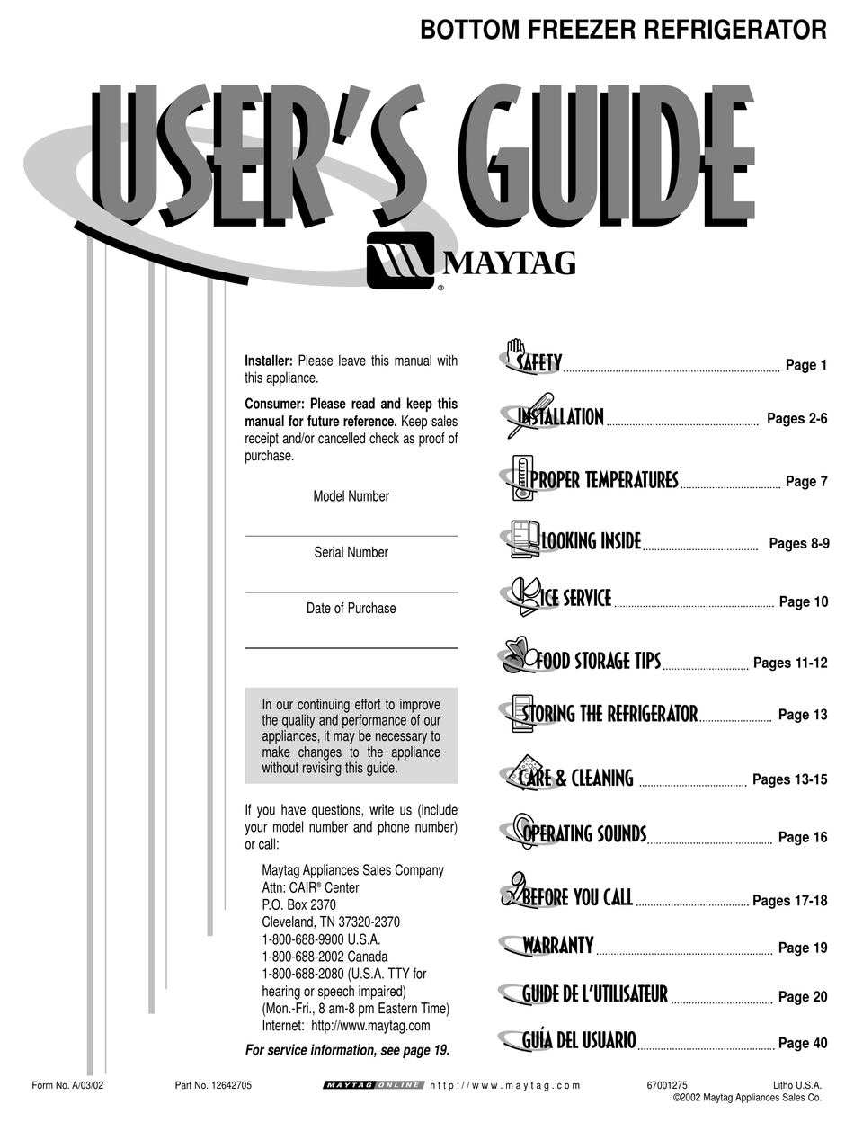 MAYTAG BOTTOM FREEZER REFRIGERATOR USER MANUAL Pdf Download ManualsLib