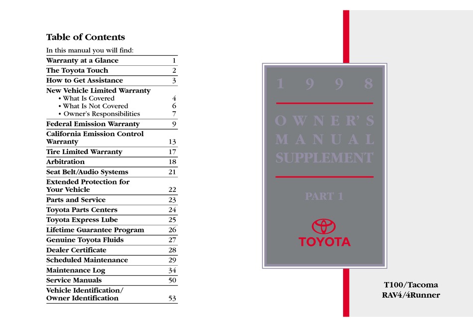 Toyota T100 Owner S Manual Pdf Download Manualslib