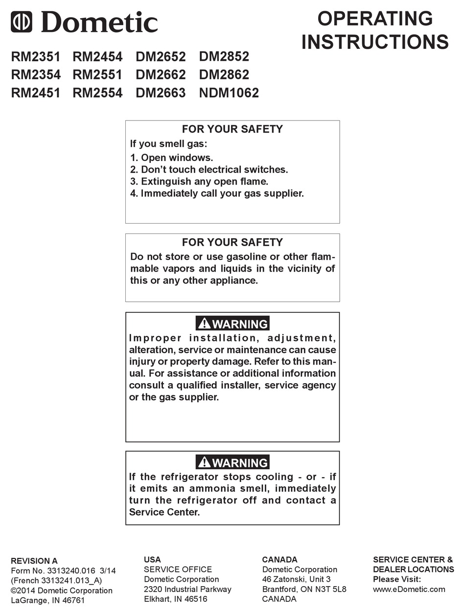 DOMETIC RM2351 OPERATING INSTRUCTIONS MANUAL Pdf Download | ManualsLib