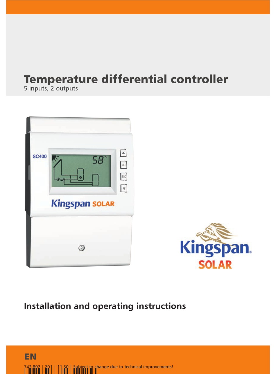 KINGSPAN TEMPERATURE DIFFERENTIAL CONTROLLER INSTALLATION AND OPERATING