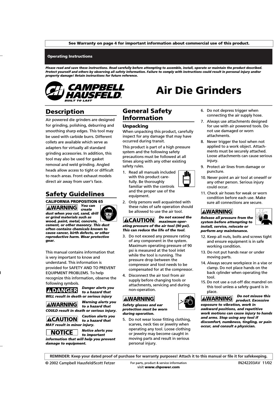 Campbell Hausfeld AT250100 Air Die Grinder