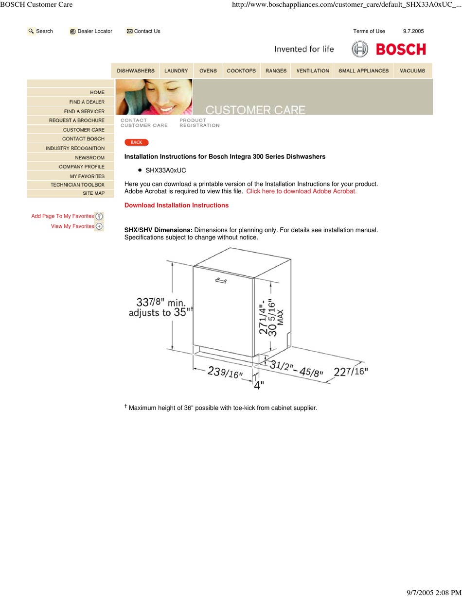 BOSCH SHI66A INSTALLATION INSTRUCTIONS MANUAL Pdf Download