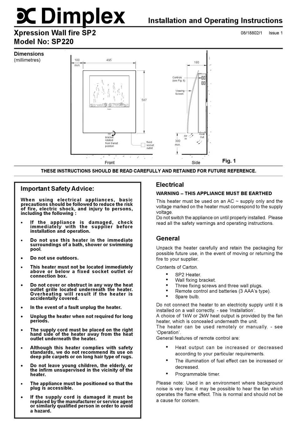 DIMPLEX XPRESSION SP220 INSTALLATION AND OPERATING INSTRUCTIONS MANUAL Pdf  Download | ManualsLib