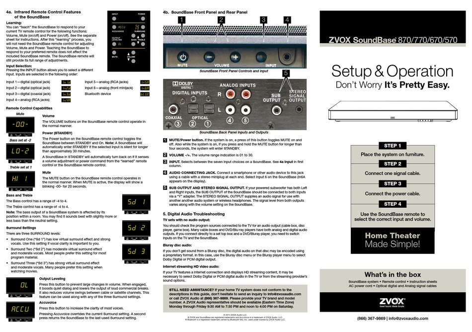 ZVOX AUDIO SOUNDBASE 870 SETUP & OPERATION MANUAL Pdf Download ManualsLib