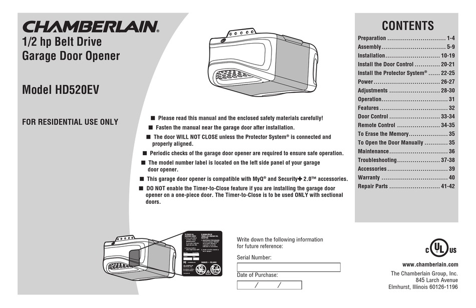 CHAMBERLAIN HD520EV USER MANUAL Pdf Download | ManualsLib