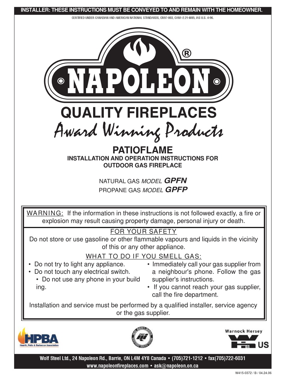 napoleon outdoor fire pit on Napoleon Patioflame Gpfn Installation And Operation Instructions Manual Pdf Download Manualslib